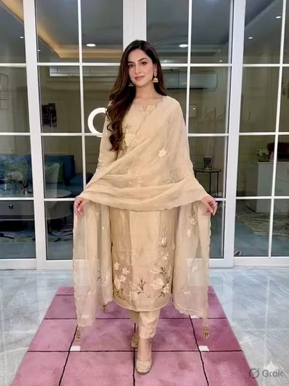 BEIGE COTTON FANCY MUL UNSTITCHED SUIT SET