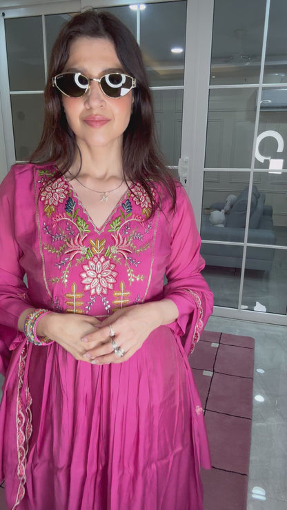 ROSY BLOOM MUL CHANDERI STITCHED SUIT SET